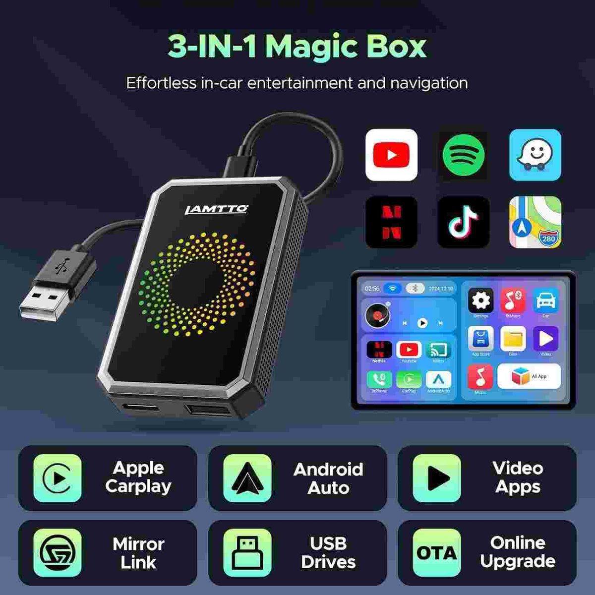 3-in-1 Wireless CarPlay Adapter with Built-In Video Streaming
