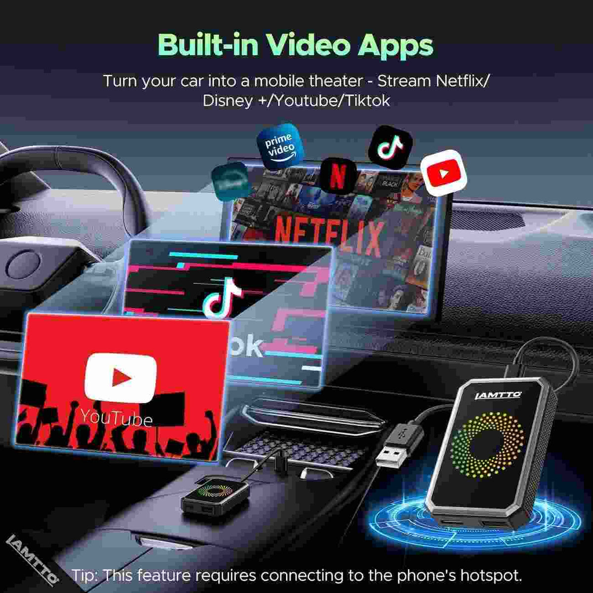 3-in-1 Wireless CarPlay Adapter with Built-In Video Streaming