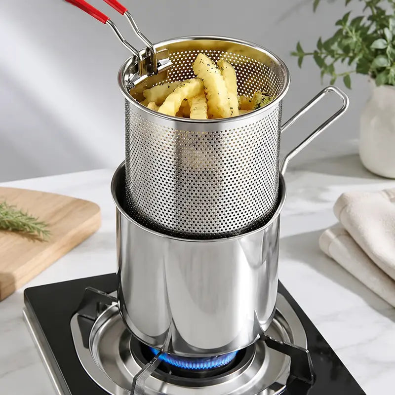 Compact Stainless Steel Deep Fryer Pot with Strainer Basket