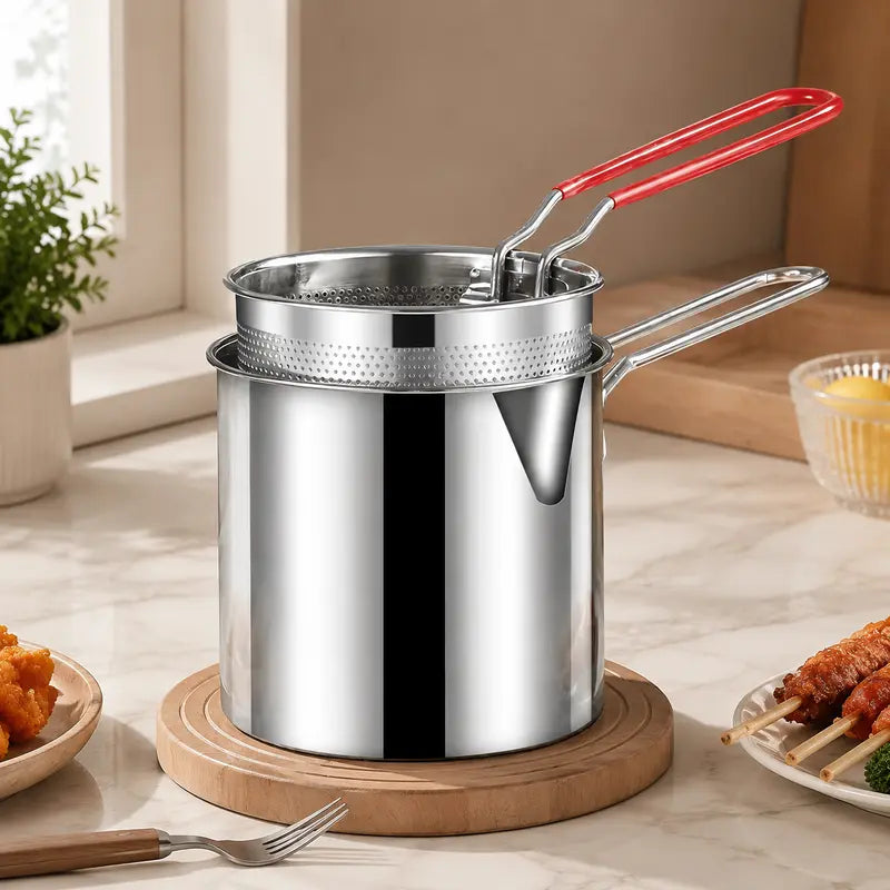 Compact Stainless Steel Deep Fryer Pot with Strainer Basket